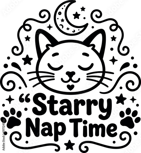 Black and white cat face with starry nap time text and moon illustration