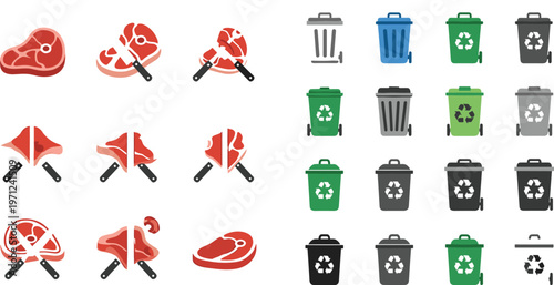 Meat Cutting Icon Set with Butcher Tools and Recycling Bin Symbols Featuring Food Preparation and Waste Management Vector Collection