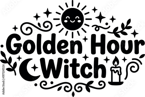 Black and white golden hour witch lettering with sun moon candle and stars vector art
