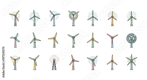 Illustration of varied colorful wind turbines showing renewable energy sources for the future