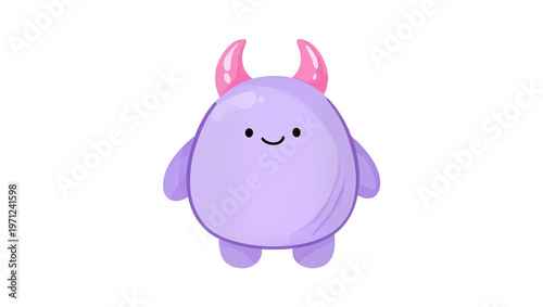 Cute purple blob creature smiling, featuring small pink horns and tiny arms