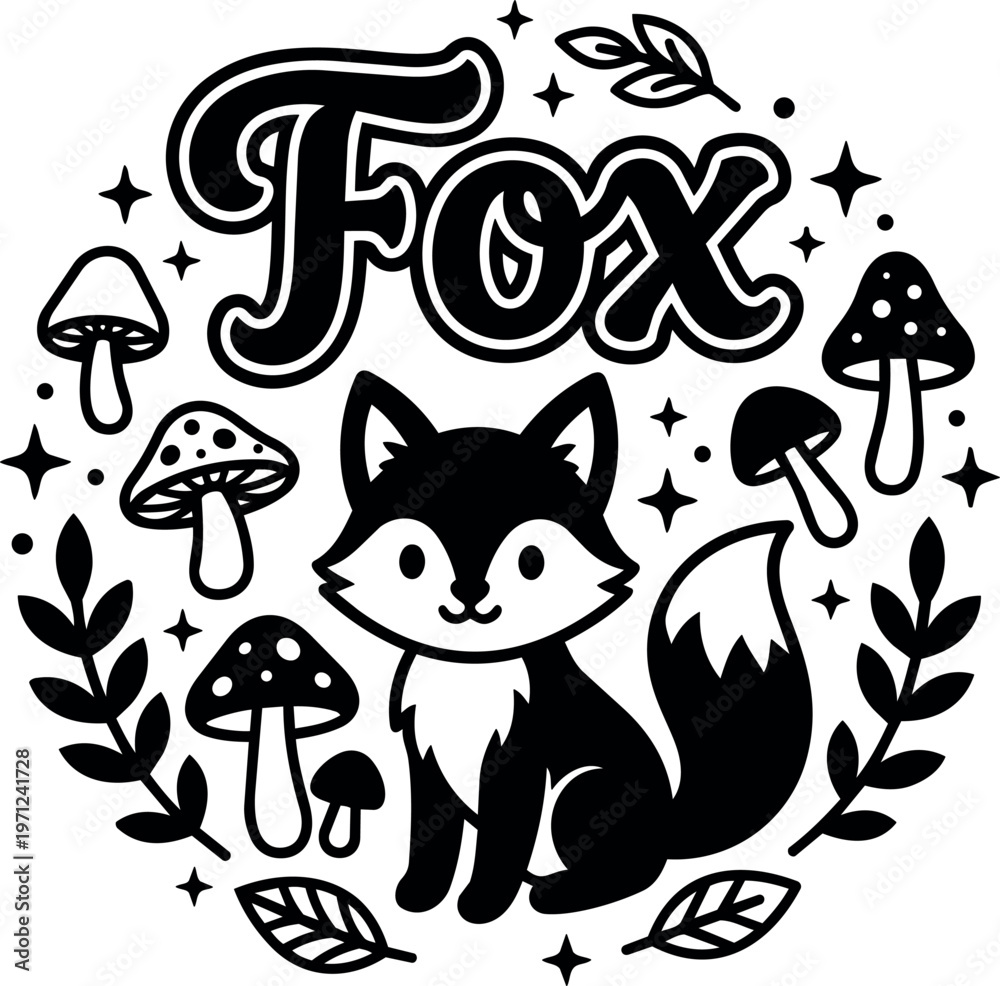 Fototapeta premium Black and white fox with mushrooms leaves and stars vector art