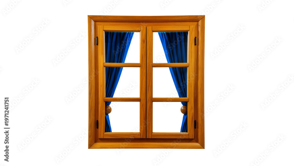 Obraz premium Wooden window frame with blue drapery curtains
