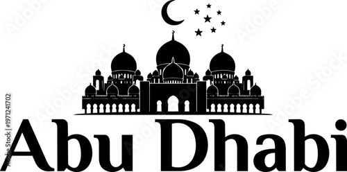 Black and white silhouette of abu dhabi mosque with crescent moon and stars vector art