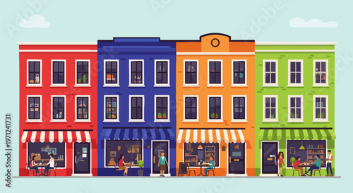 Colorful storefront vector illustration, vibrant city street buildings with cafes and shops, urban facade with awnings and people, flat design town architecture
