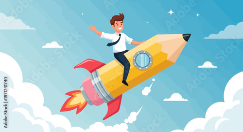 A cheerful businessman rides a pencil rocket through blue sky, symbolizing creative ideas, rapid startup success, innovative solutions, and learning path.
