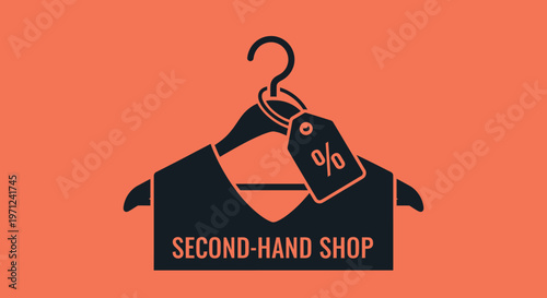 Second-Hand Shop Emblem with Clothing Hanger and Percentage Tag, Indicating Bargain Deals and Sustainable Fashion