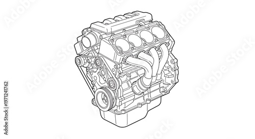 Detailed black and white line drawing of a powerful internal combustion engine, showcasing intricate mechanical components and automotive engineering