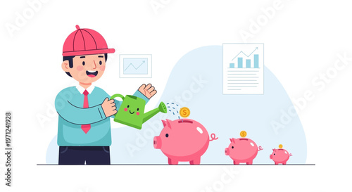 A smiling man waters progressively larger piggy banks, illustrating the concept of financial growth, smart investment, and long-term wealth accumulation.