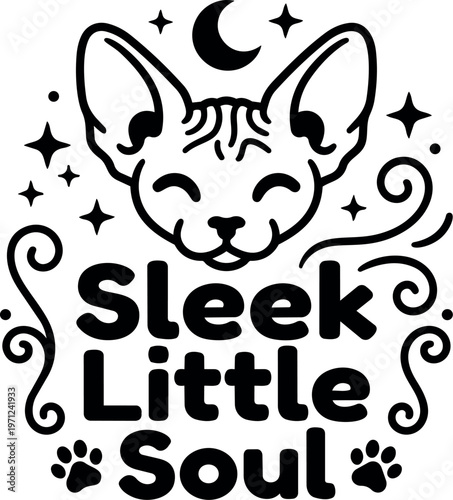 Black and white sleek little soul sphynx cat head with moon and stars vector art