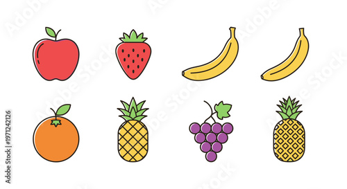 Illustrated Fruits Collection Featuring Apple, Strawberry, Banana, Orange, Pineapple and Grapes