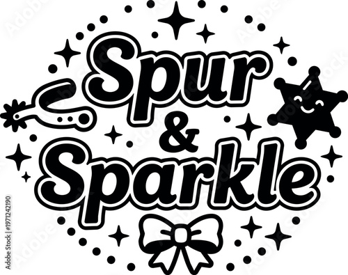 Black and white spur and sparkle lettering with sheriff star and bow vector art