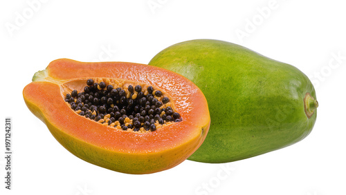 Obraz na plátně Halved orange papaya and whole green papaya fruit