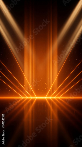 Empty Dark Stage with Orange Neon Light Beams, Dramatic Award Ceremony Background, Celebration Event Scene, Luxury Presentation and Grand Opening Backdrop, Vertical bg