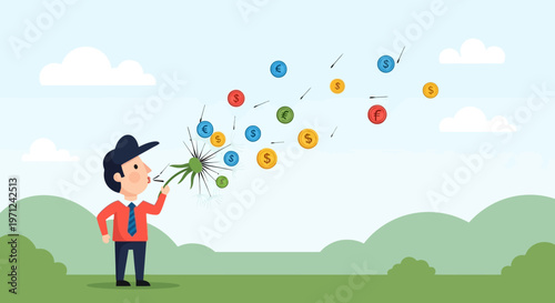 A businessman in a suit blows a magical dandelion, releasing vibrant currency symbols into the air, symbolizing financial growth and successful investment.