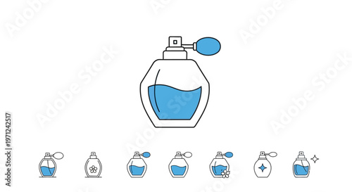 Illustrated perfume bottle with minimalist design and variety of stylized versions