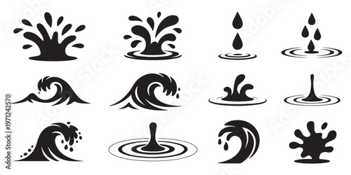 Set of abstract black water splashes waves and drops isolated on white background vector.
