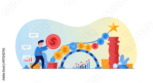 A diligent person actively invests, guiding coins along an ascending path, symbolizing steady financial growth, strategic wealth accumulation, and ultimate business success.
