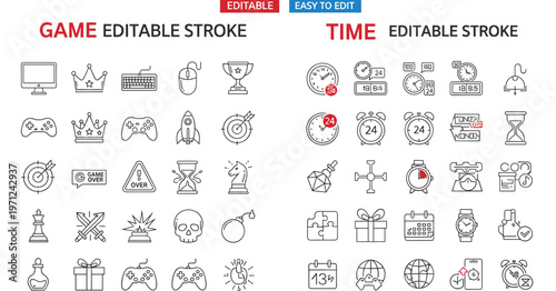 Game and Time Editable Stroke Icon Set Vector Collection with Gaming Elements and Clock Symbols Isolated on Transparent Background for UI Design