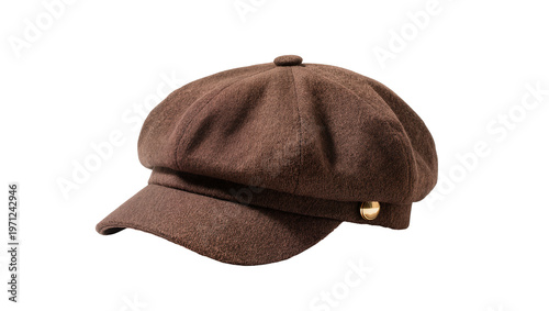 Photos Brown Wool Newsboy Cap with Gold Button Detail