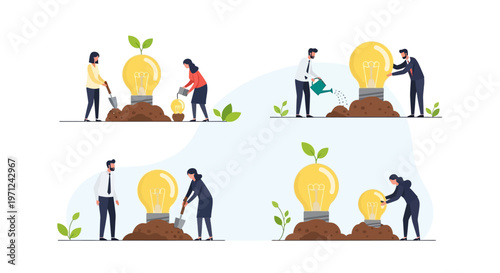 Diverse individuals collaboratively cultivate and nurture innovative business ideas, symbolizing growth, investment, and strategic development towards future success.