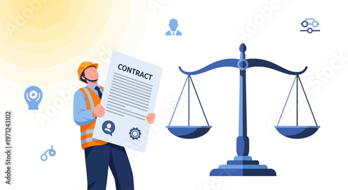 This flat design illustration visualizes a worker holding a contract, with scales of justice in the background, representing the crucial importance of labor rights and fair agreements
