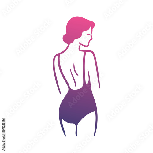 Logotipo con dibujo con líneas de una mujer con bikini de estilo retro y pelo corto, posando de espaldas	