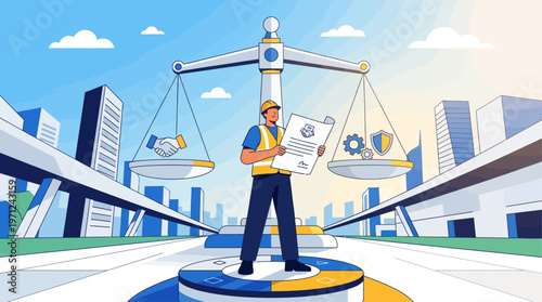 This flat design illustration visualizes a worker holding a contract, with scales of justice in the background, representing the crucial importance of labor rights and fair agreements