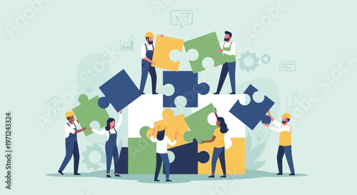 A flat design illustration showcasing a diverse team of workers collaborating to build a structure, symbolizing the power of teamwork and collective effort for International Workers' Day.