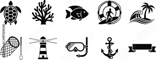 Marine Life and Summer Vacation Icon Set with Sea Turtle Coral Fish Lighthouse and Nautical Exploration Symbols
