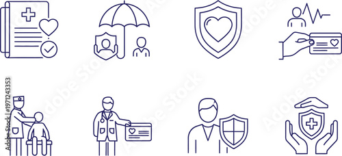 Health Insurance and Medical Care Line Icon Set with Doctor Patient and Protection Symbols Vector Illustration