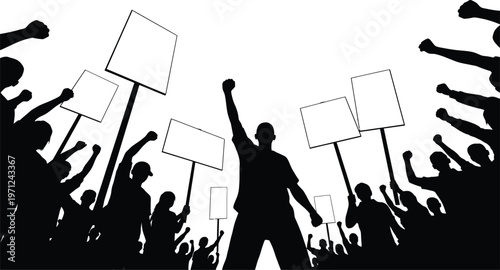 Silhouette of a Leader Rallies a Protesting Crowd with Raised Fists and Banners Concept of Revolution and Social Justice