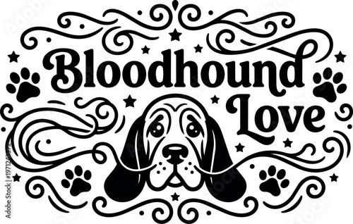 Bloodhound love with dog face paws and swirls black and white vector art
