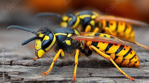 Macro Close-Up of a Common Wasp (Vespula vulgaris) with Striking Black and Yellow Markings on a Weathered Wooden Surface — Entomology & Wildlife