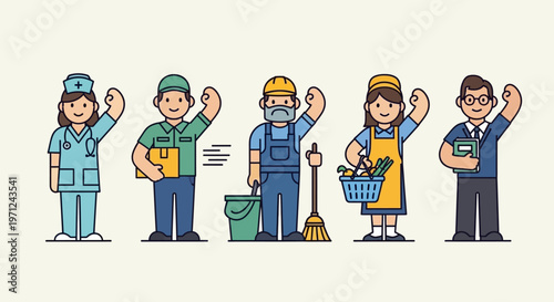 This flat design illustration celebrates the vital roles of essential workers, featuring diverse figures like a nurse, delivery driver, and teacher, recognizing their dedication