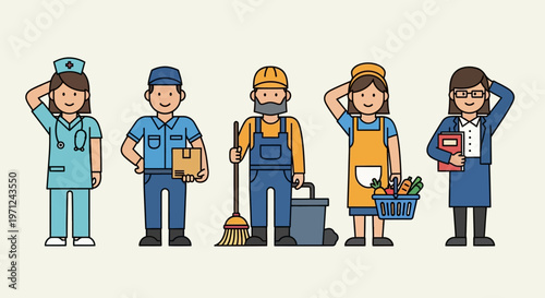 This flat design illustration celebrates the vital roles of essential workers, featuring diverse figures like a nurse, delivery driver, and teacher, recognizing their dedication