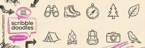 Hand Drawn Camping Outdoor and Nature Adventure Survival Doodle Icon Set with Tent Fire Backpack and Hiking Gear Sketches for Travel Exploration Vector EPS