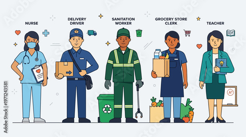 This flat design illustration celebrates the vital roles of essential workers, featuring diverse figures like a nurse, delivery driver, and teacher, recognizing their dedication