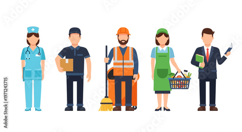 This flat design illustration celebrates the vital roles of essential workers, featuring diverse figures like a nurse, delivery driver, and teacher, recognizing their dedication