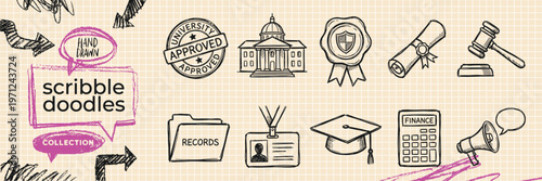 Hand Drawn Fast Food and Restaurant Dining Doodle Icon Set with Pizza Burger Drink and Cooking Utensil Sketches for Cafe Menu and Culinary Business Concept Vector EPS