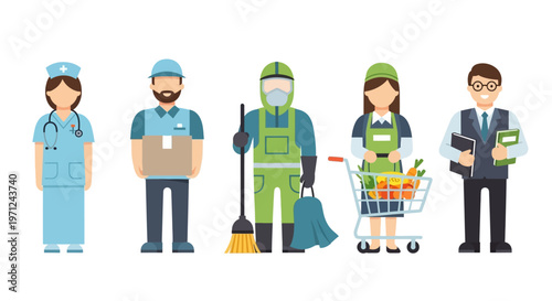 This flat design illustration celebrates the vital roles of essential workers, featuring diverse figures like a nurse, delivery driver, and teacher, recognizing their dedication