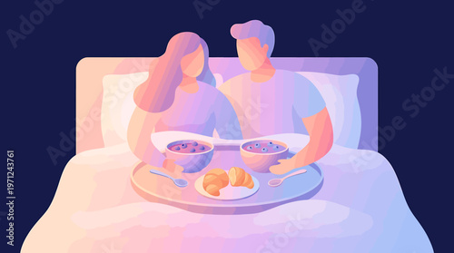 Romantic Young Couple Eating Healthy Breakfast in Bed Vector Illustration