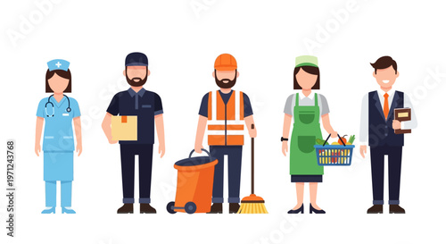 This flat design illustration celebrates the vital roles of essential workers, featuring diverse figures like a nurse, delivery driver, and teacher, recognizing their dedication