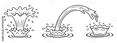 Detailed water splash set featuring a powerful upward burst, a curved stream, and a delicate crown.