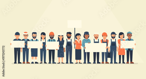 A flat design illustration showing diverse workers engaged in a peaceful demonstration, holding signs to represent advocacy and collective voice on International Workers' Day.