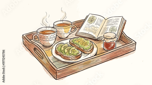 Cozy Watercolor Illustration of Breakfast in Bed Tray with Avocado Toast Coffee and Book