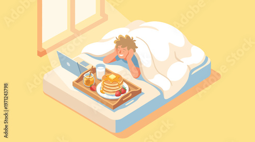 Young Man Having Breakfast in Bed While Working on Laptop Vector Illustration