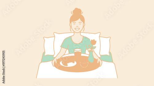 Woman Relaxing in Bed with Healthy Breakfast Tray and Croissant Vector Illustration