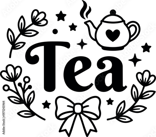 Black and white text tea with teapot heart and floral wreath vector art