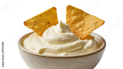 Creamy white dip with golden tortilla chips in ceramic bowl